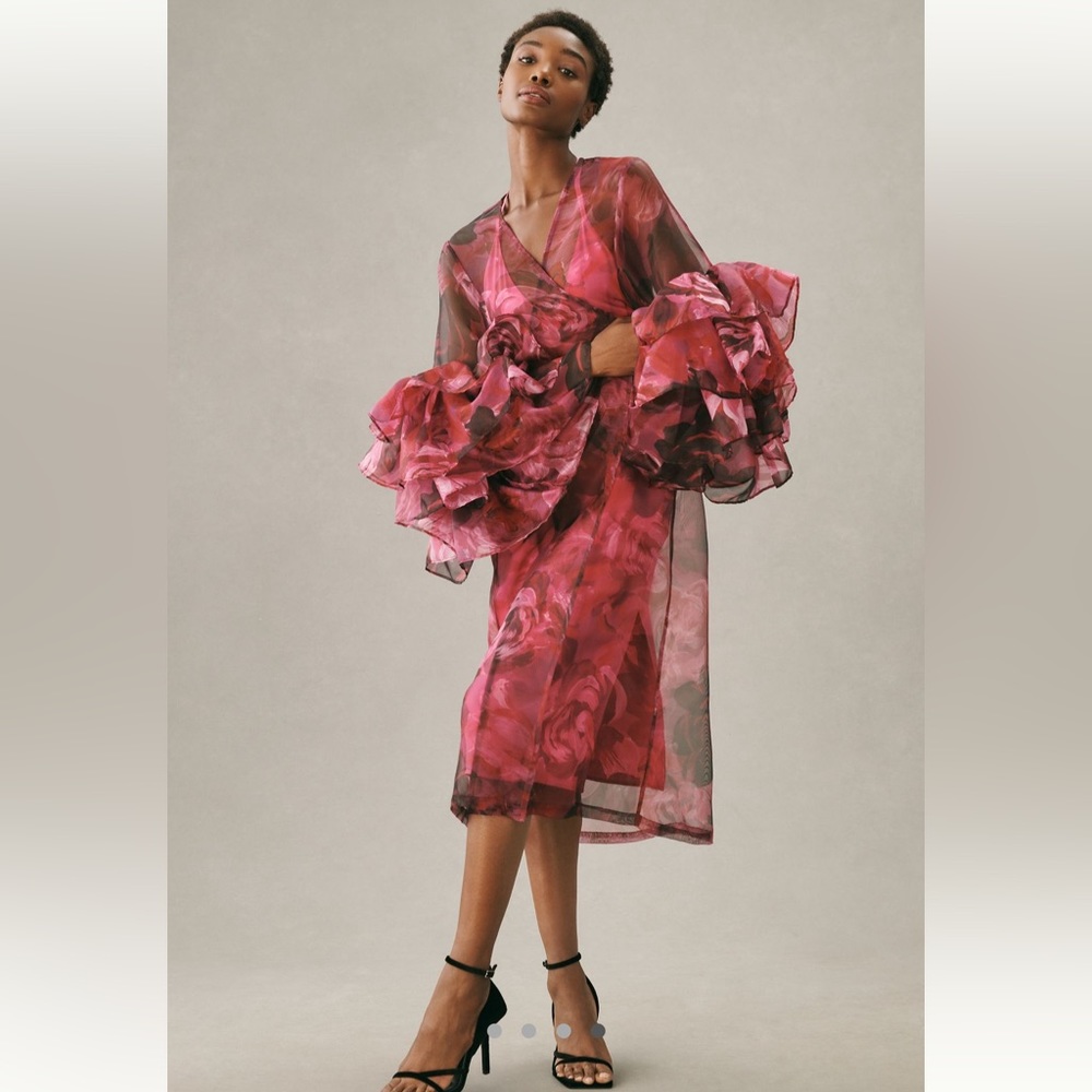 NWT Anthropologie Sheer Ruffle Sleeve Pink Duster Kimono